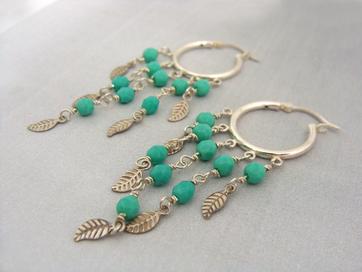 Sterling silver hoop earrings with turquoise beads and leaves Bohemian