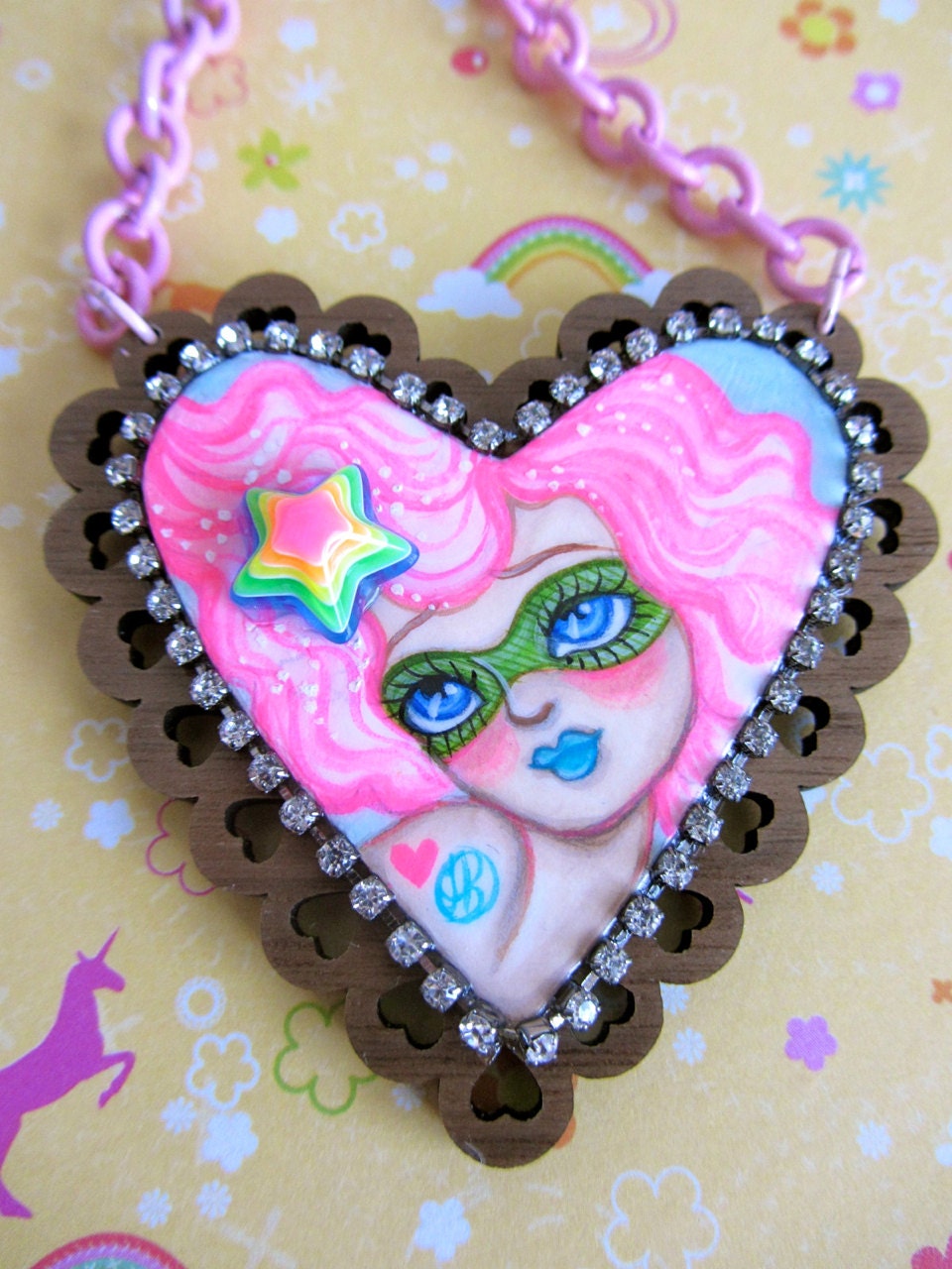 Masked Star and her Pink Cotton Candy Hair Hand Painted Original Art Heart Pendant Necklace