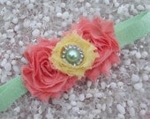 Peachy Green Peach Coral Yellow & Mint Green Flower Headband - Baby -  Newborn - Infant - Toddler - Girl - Teen - Adult - Photo Prop