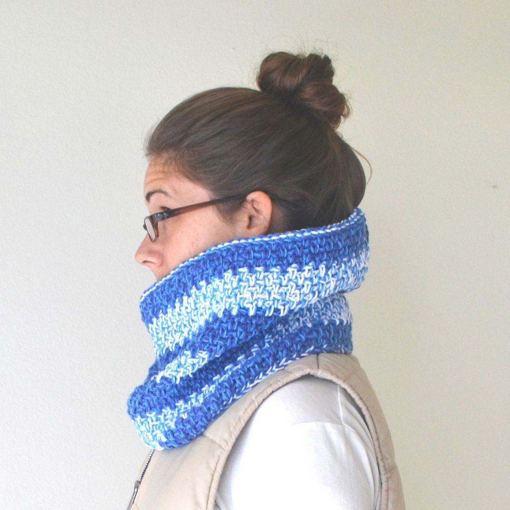Crochet Chunky Cowl. Sky Blue. White. Multicolor Stripe Scarf. Cotton. Wool