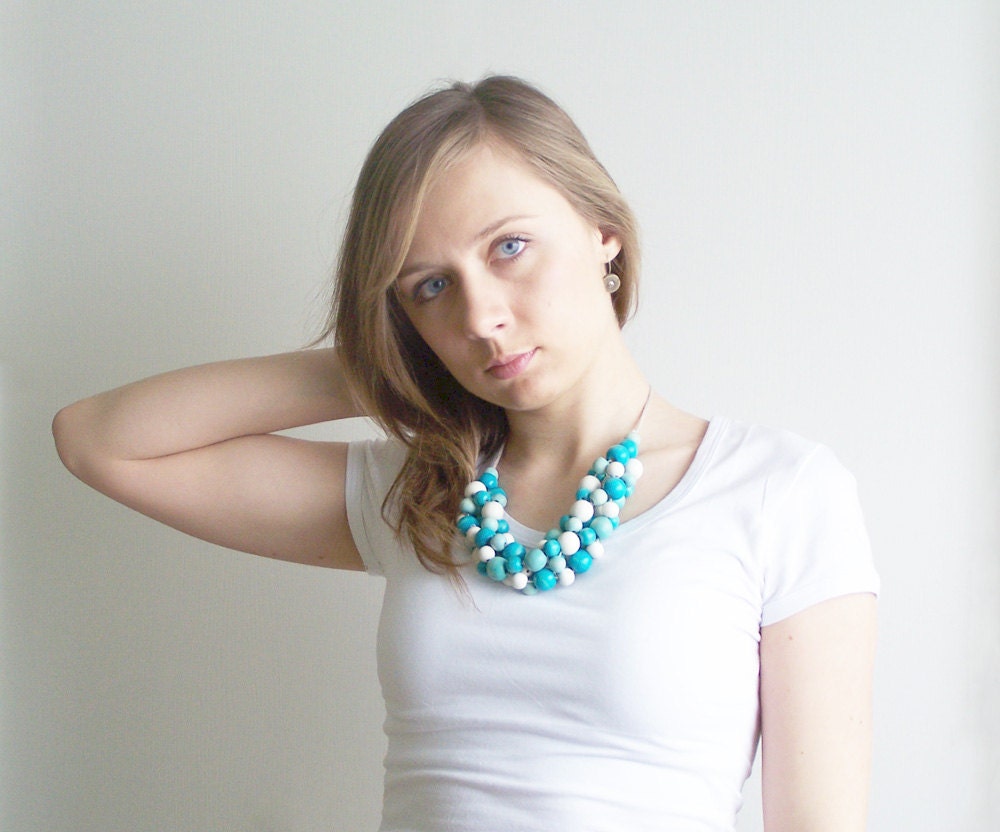 White and Blue statement wooden necklace. Colorful chunky beaded bib necklace.