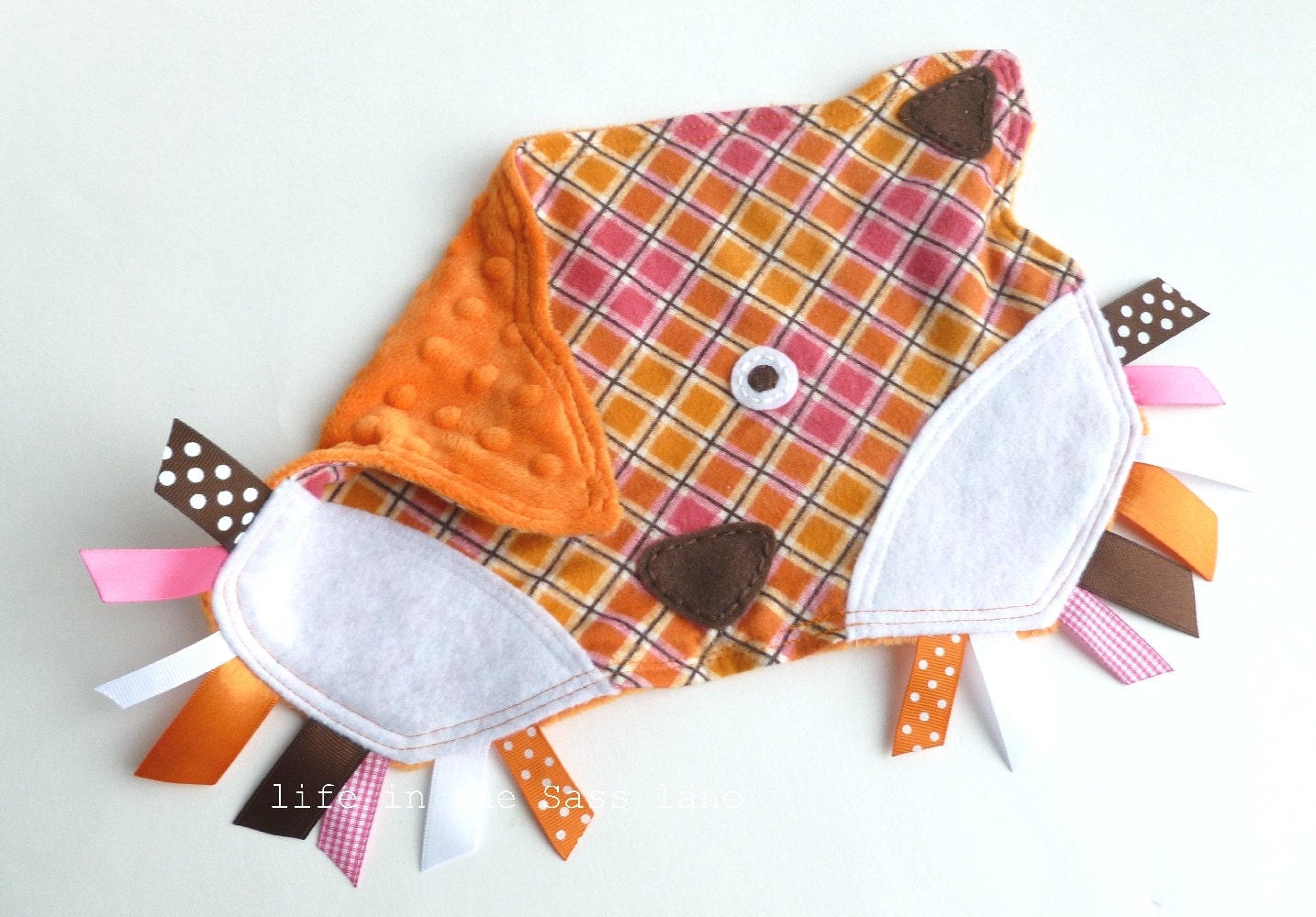 FOX Ribbon Tag Baby Blankie in Pink and Orange Plaid Flannel and Minky Blankie Lovey Lovie Woodland Animal Baby Gift