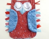 Baby Blue and Red Woodland OWL Ribbon Tag Minky Baby Blankie Blanket Lovey Lovie Baby Gift