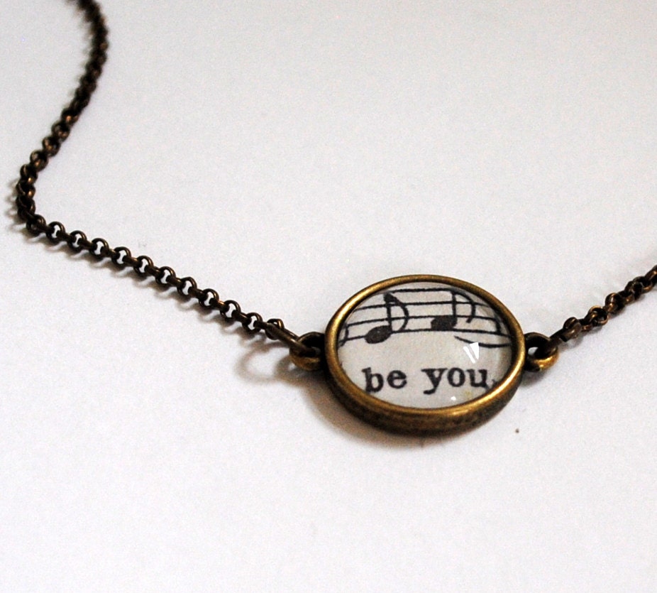 Vintage Bronze Words and Music Pendant Necklace Be You