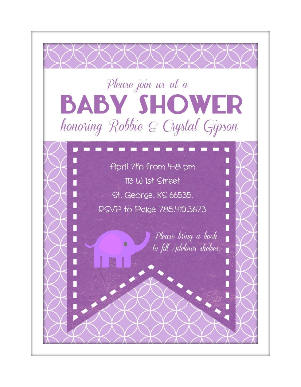 Purple Baby Shower Invitation - Modern Elephant - Digital File