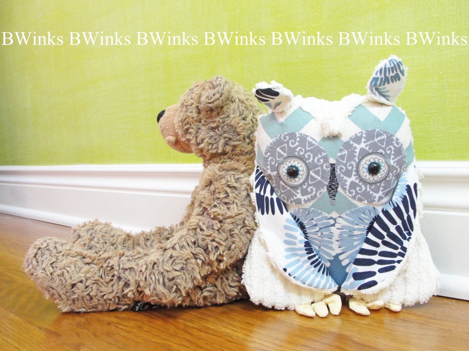 Original Plush stuffed Owl Pillow - Blue Chevron and Cream Chenille - Nursery Decor