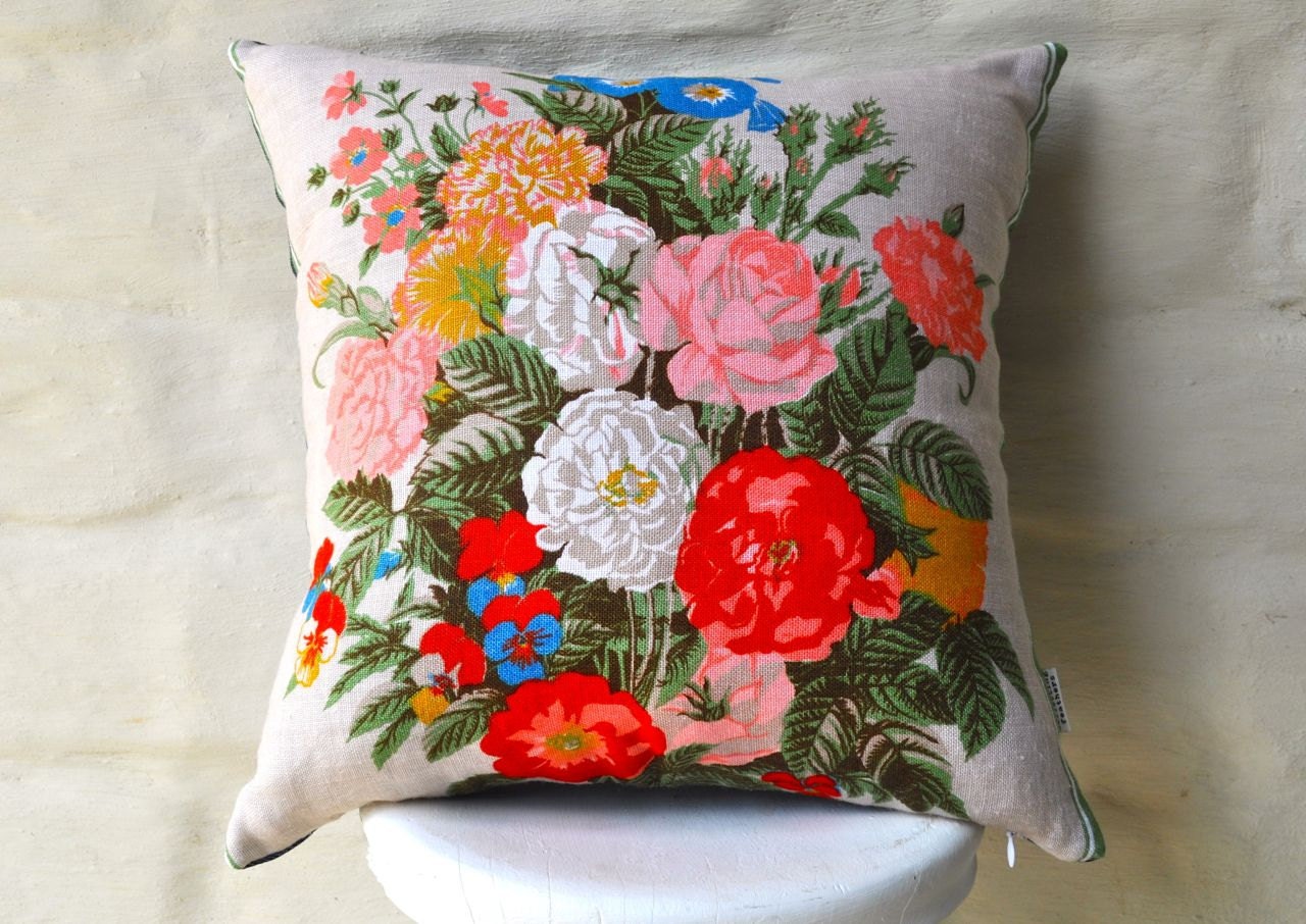 POSY Vintage Irish  Linen Tea Towel Cushion Cover Upcycled Repurposed Spring Flowers Pillow Cushion