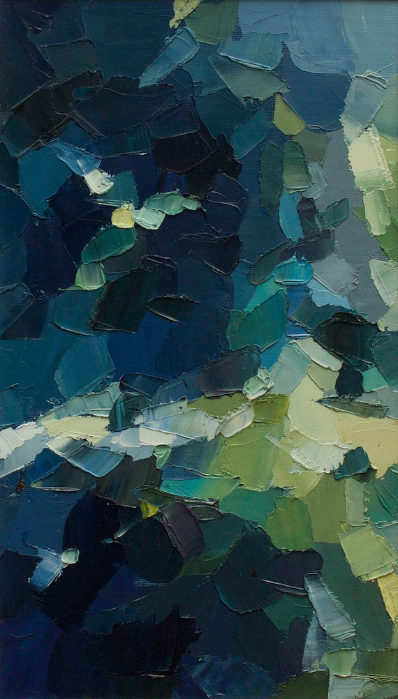 Nocturne: Woodland - Original Oil Painting in deep blues and fresh summery greens (37.5x21.5 cm - app. 14.8x8.5 in)