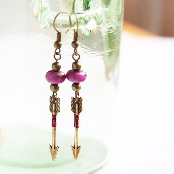 on Vacation / Pink Arrow Earrings. Join Hunger Games Fashion Craze. Rhodonite Stone Bead. Archery Hunt Wilderness Romantic Minimal Geometry