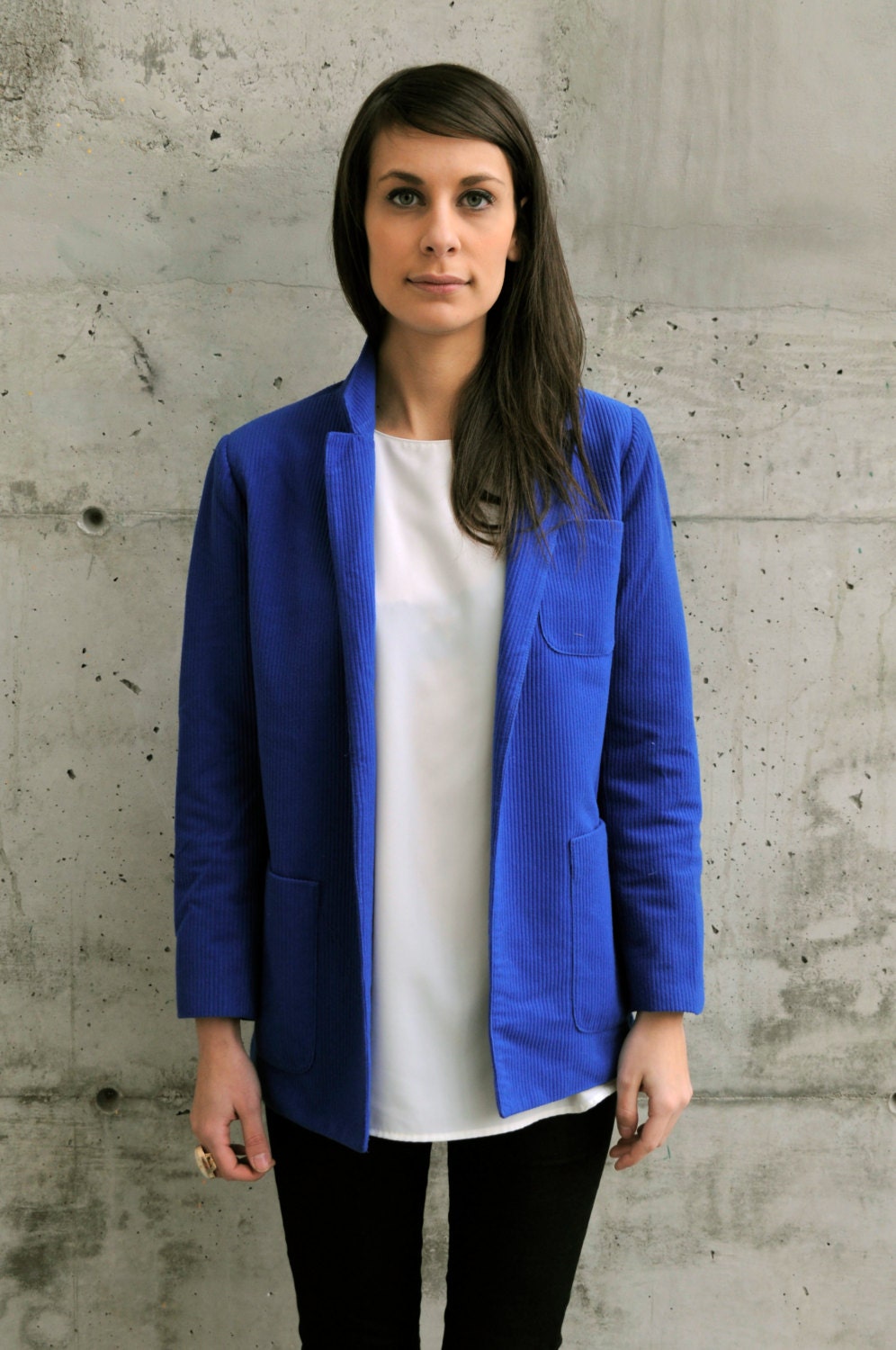 Cobalt Blue Corduroy Blazer / Royal Blue Jacket / Vintage Open Blazer