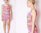 Vintage 1960s Mod Psychedelic Hot Neon Fuchsia Pink Bathingsuit /  Swimwear / Bathing Suit / Swimsuit / Swim Suit / Romper / Playsuit / 168