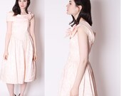 Pastel Coral Blush Peach Brocade Floral Jacquard Off the Shoulder Cocktail Wedding Dress / Vintage Wedding Dress /  Peach Prom Dress / 2236