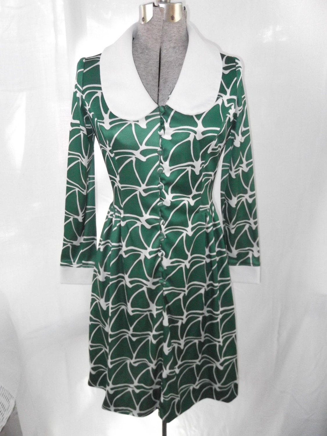 Vintage 1960s Dress Emilio Borghese Roma Boho Bohemian Hippie Mini Double Knit Polyester Green White