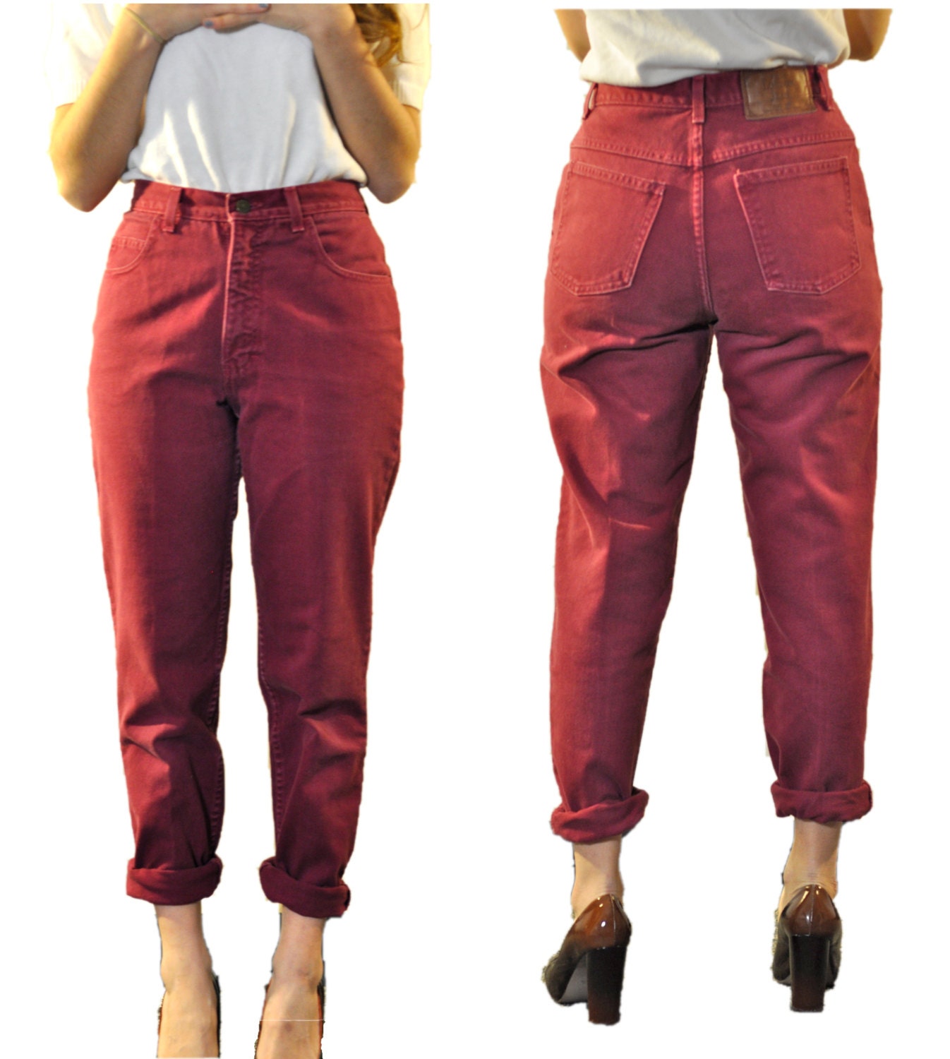 Size 29 - 80s Highwaisted Jeans  in Burgundy - High Waisted  - Red Denim - Straight Leg -  MODA INTL -  Womens Size 5 (M- 29)