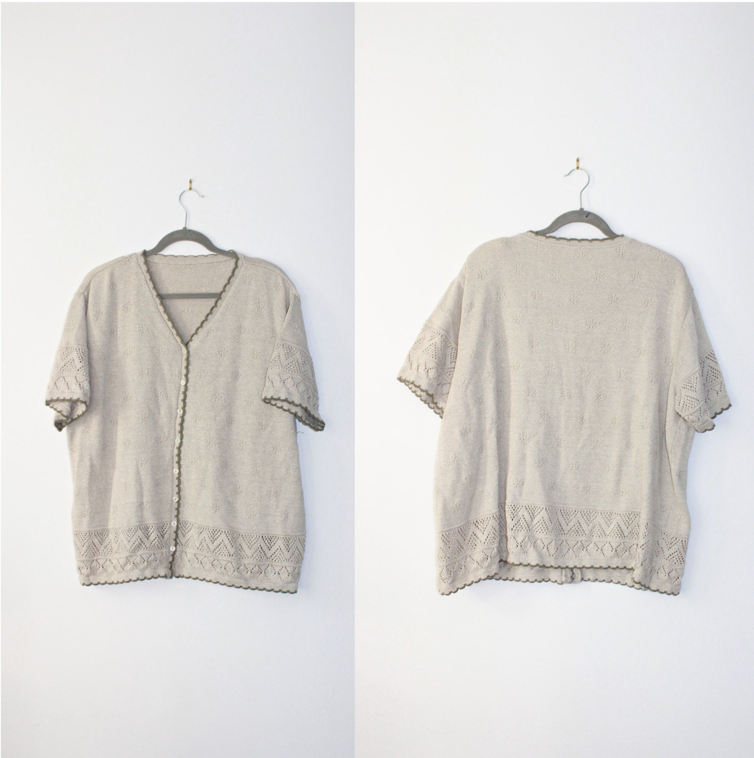 PLUS SIZE Oversized Sweater 70s Slouchy Cardigan Embroidered 1970s Brown Grey Womens Size M/L/XL