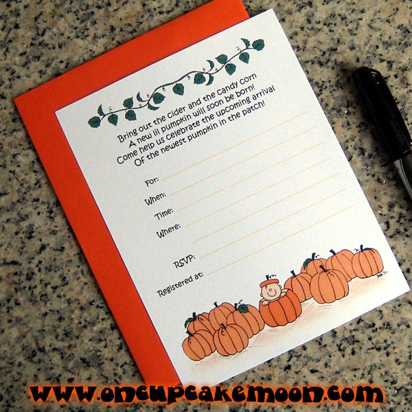 lil pumpkin lined baby shower invitations customized for either boy or girl with orange envelopes DIY - set of 10