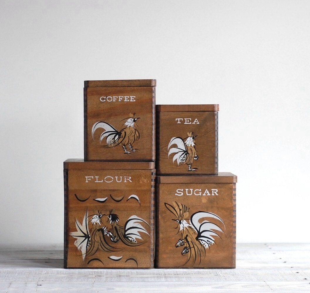 Vintage 1960s Kitchen Canister Set / Mid Century Wood Containers / Flour, Sugar, Coffee and Tea Set of Four
