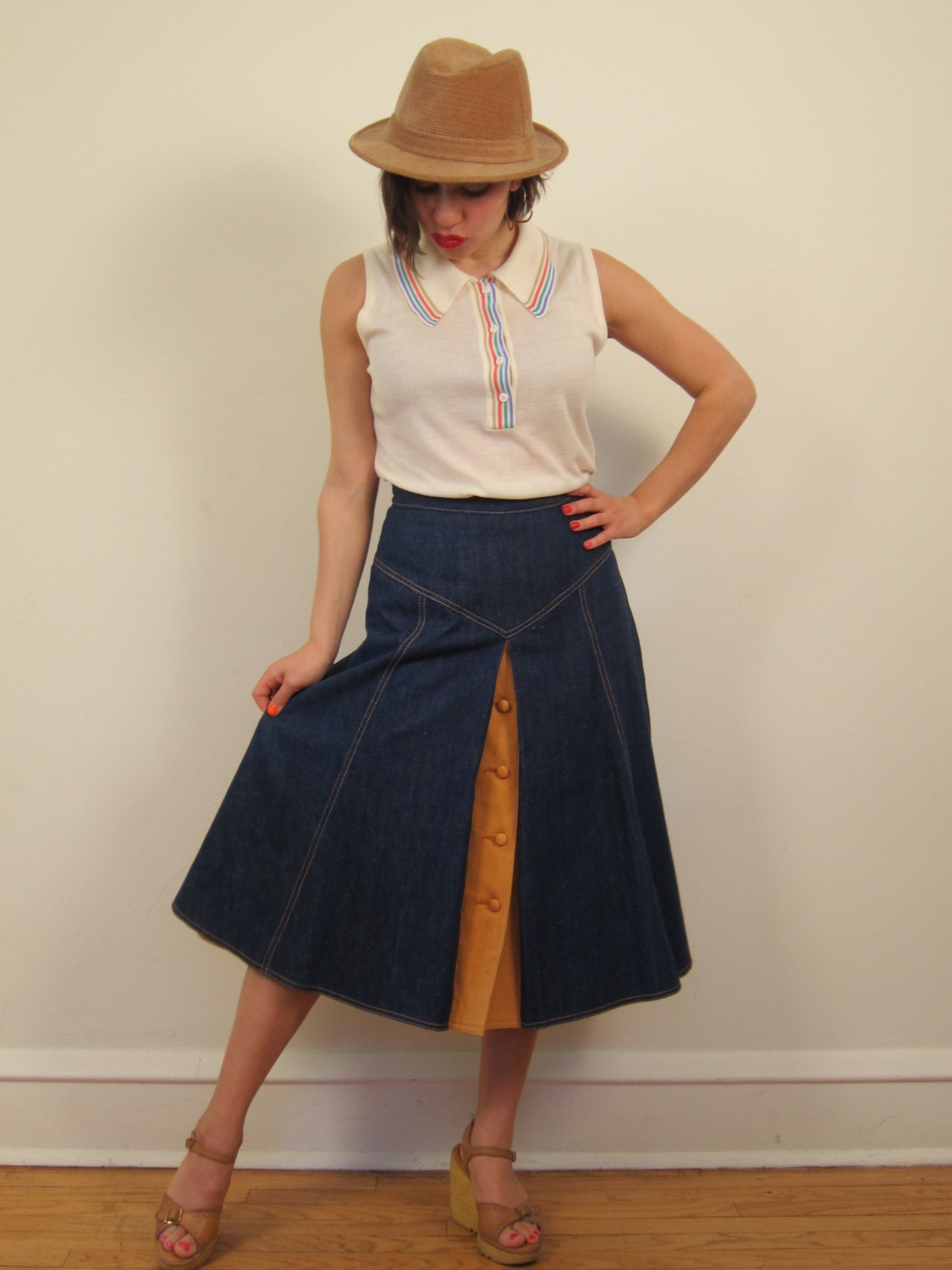 Vintage 1970s Denim Skirt with Leather Trim A-Line Western Style High Waisted by Karen Silton