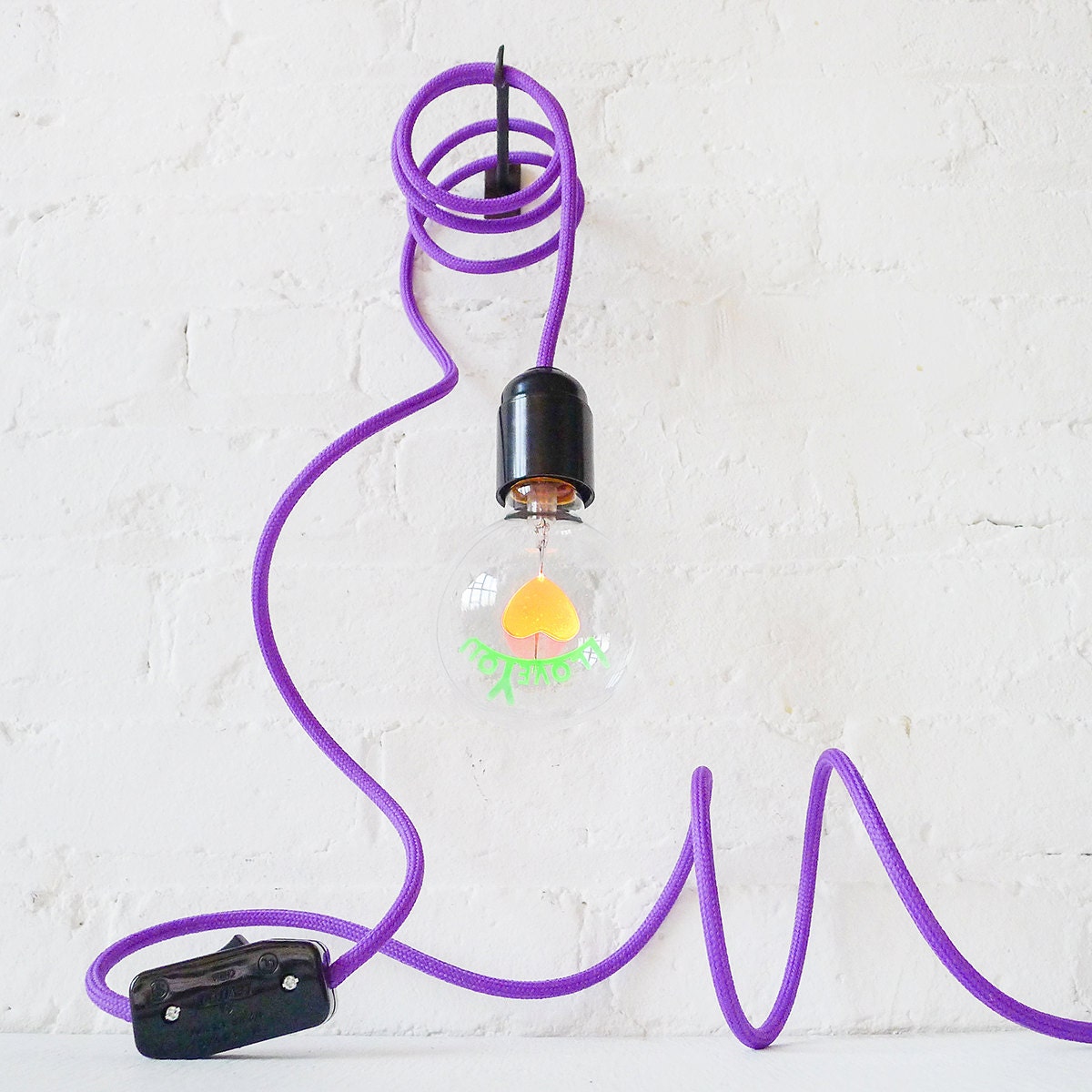 I LOVE YOU Light Bulb Pendant Lamp with Purple Cloth Cord - ESW Valentine