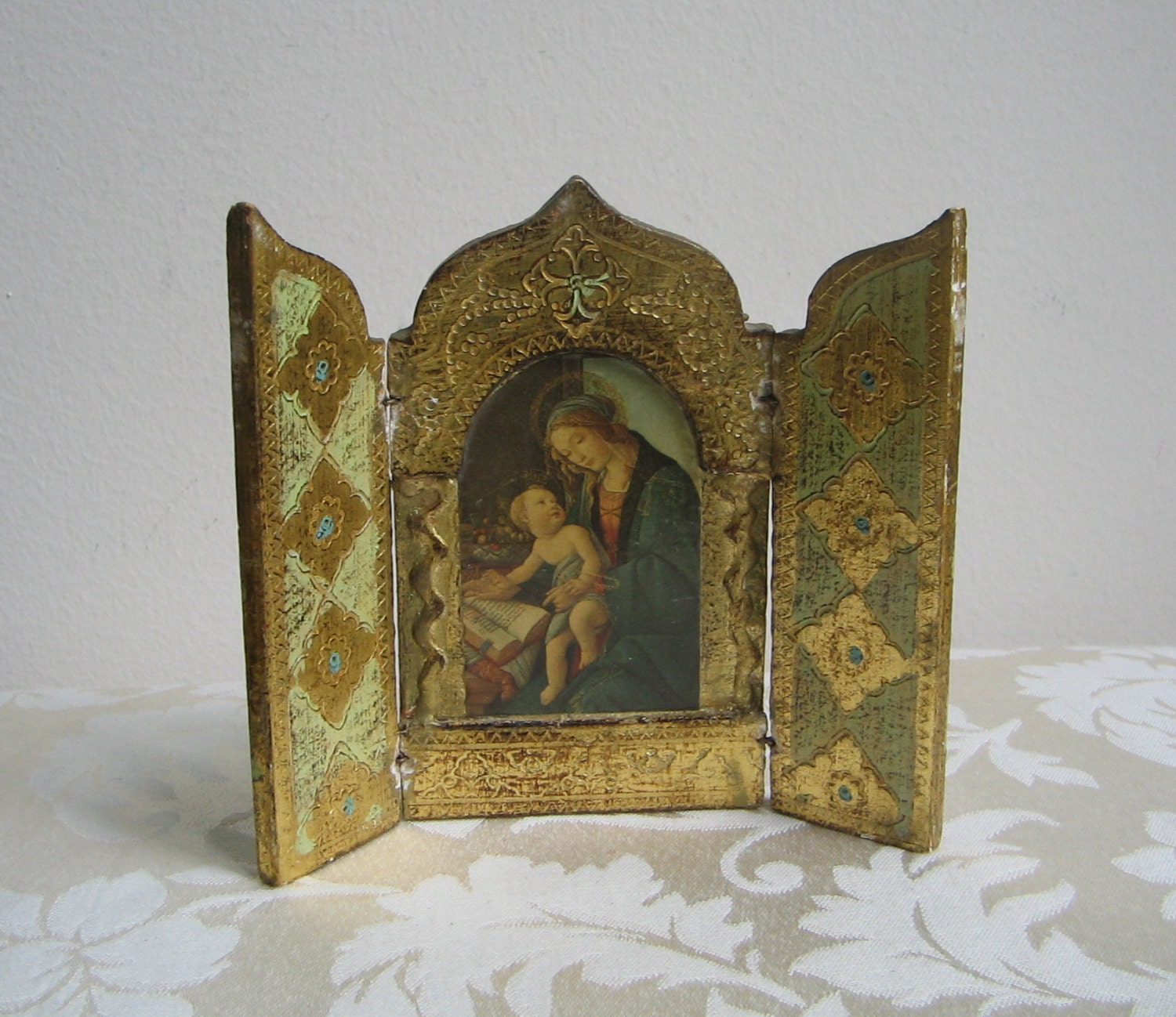 Vintage Florentine Triptych Madonna & Child, Gold Gilt Tole Wood Italy, Virgin Mary Jesus, Religious Icon GORGEOUS