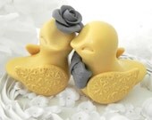 Love Birds Wedding Cake Topper, Buttercup Yellow and Grey, Bride and Groom Keepsake, Fully Customizable