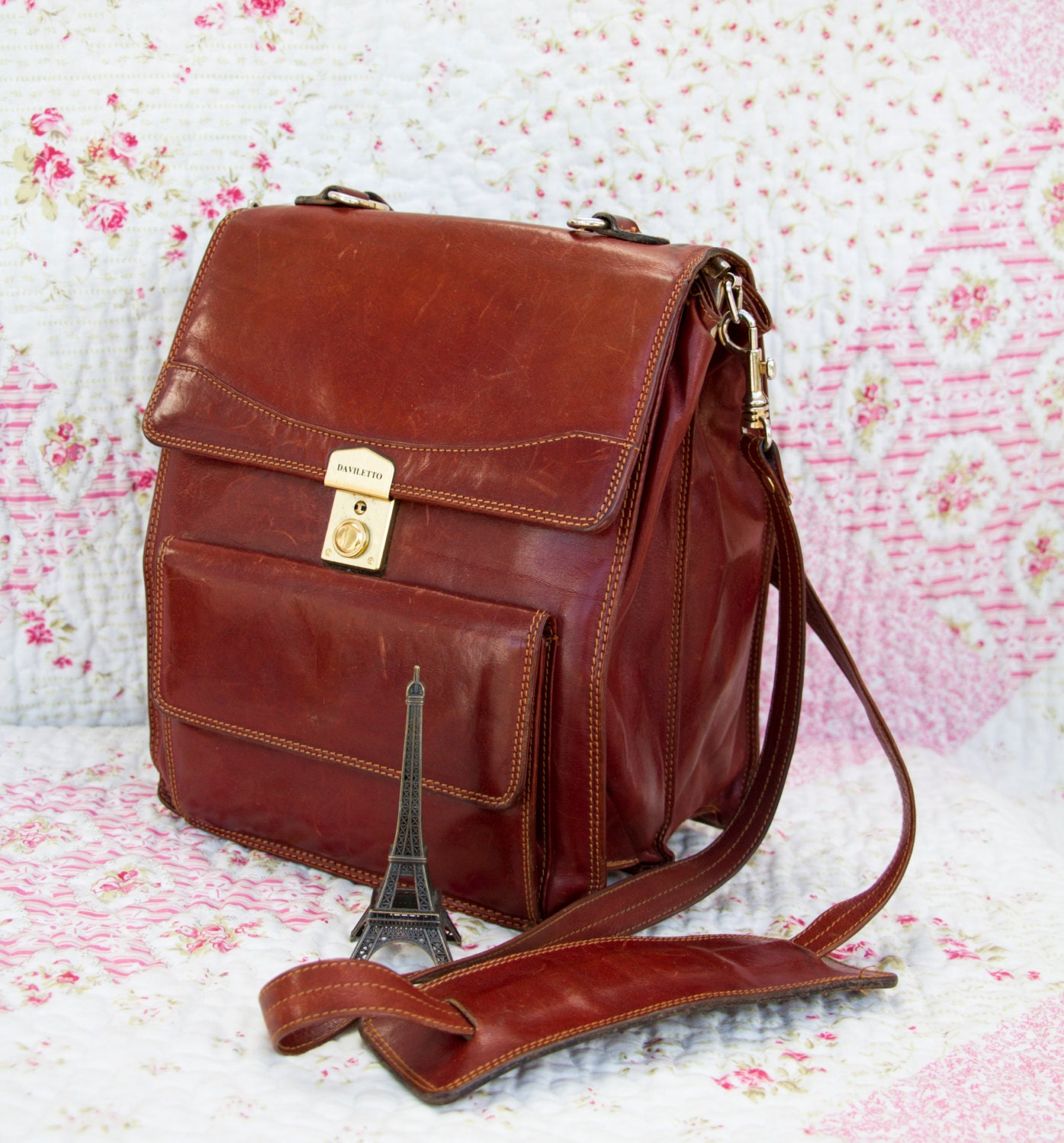 Cecile, French Vintage, Dark Tan Leather Satchel, Messenger Crossbody Handbag from Paris