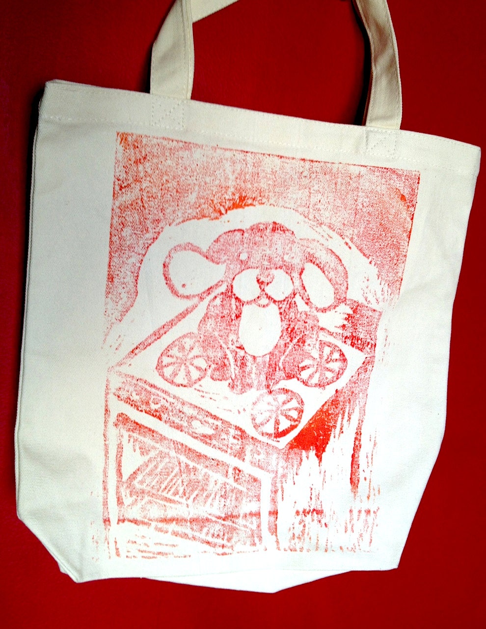 GiGiBunni On the Stove, Red LINOLEUM Print, Canvas Tote, French BULLDOG with Bunny Ears