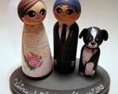 Wedding Cake Topper / Custom Painted Wood Peg Dolls / Couple Plus 1 small peg (perfect for children or pets) and Plaque / sports logo