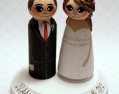 Wedding Cake Topper / Custom Painted Wood Peg Dolls with Plaque / Tall Groom/ 3D hair