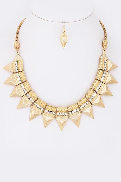 Gold Statement Necklace: Crystal Studded Triangles