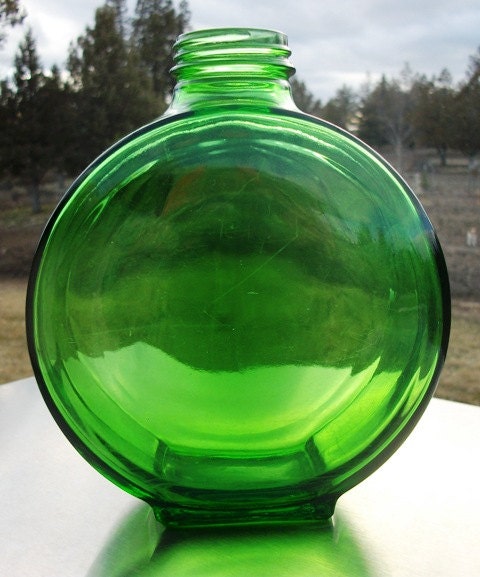 Vtg. Old Green Glass Bottle Shaped Like a Canteen Pumpkinseed Vintage Collectible Bottles