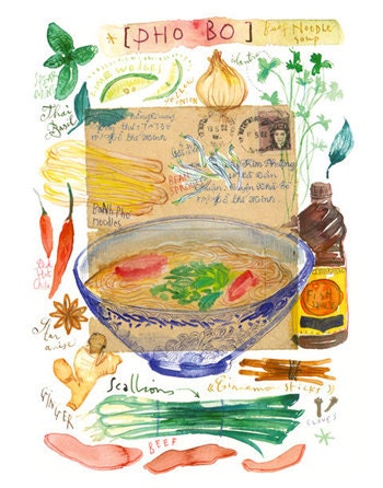Kitchen art, Vietnamese recipe print, 8X10 asian food poster, Pho illustration, Travel watercolor, Vietnam