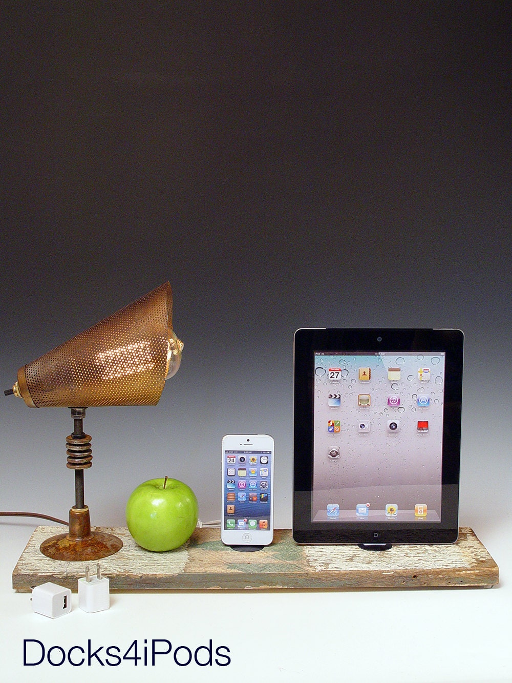 Double docking station for iPhone 3, 4 or 5 and iPad 2,3 or 4. Table lamp. 501. Steampunk. Industrial. Recycled. DockLamp.
