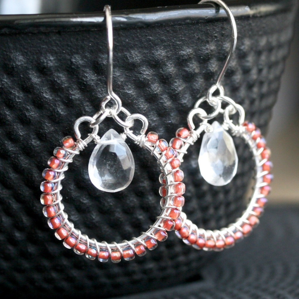 Handmade beaded earrings, sterling silver, seed bead, wire wrapped, dangle, hoop, peach, pink, Mimi Michele Jewelry