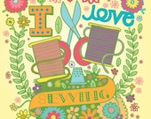 I Love Sewing - Illustration and Typography Digital Print Cute Sewing Craft