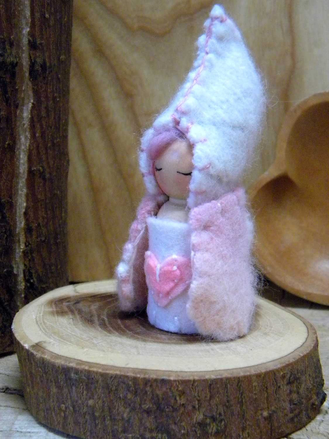Waldorf Peg Doll, Waldorf Gnome, white, pink, lavender hair, love, heart, gift for girl