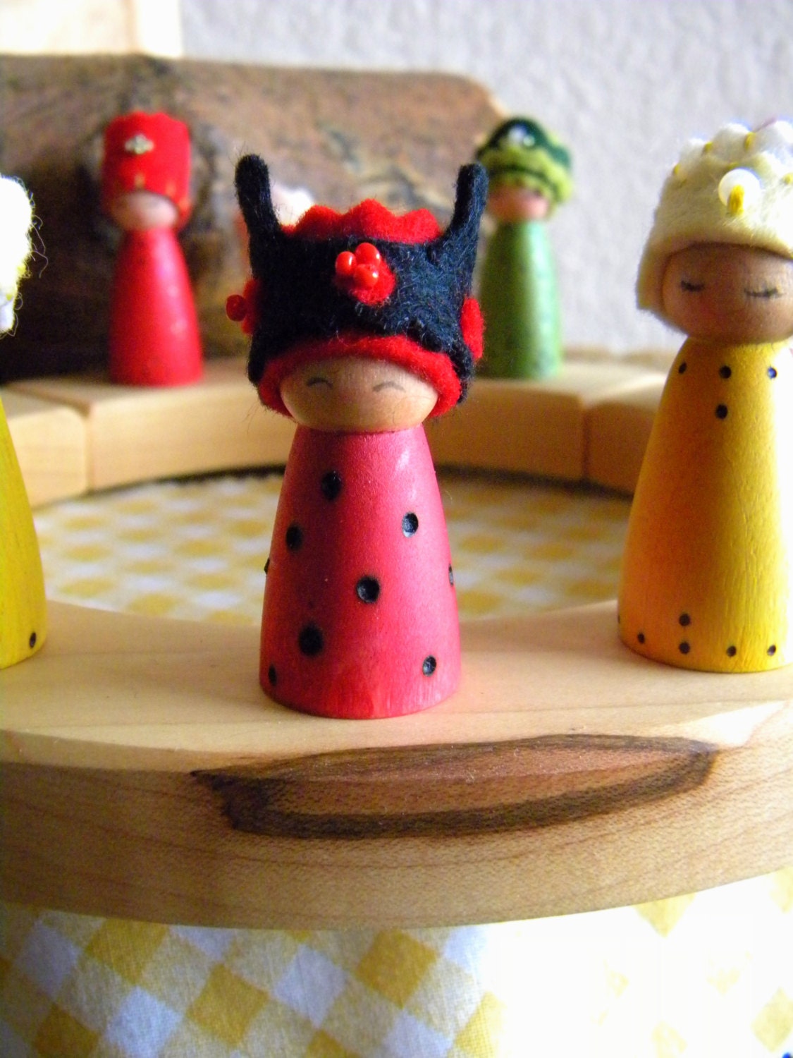 Lady Bug Birthday Ring Decoration, Small Lady Bug Peg Doll, red, black, wood burned wings, jeweled crown, Waldorf decor, Girl Birthday