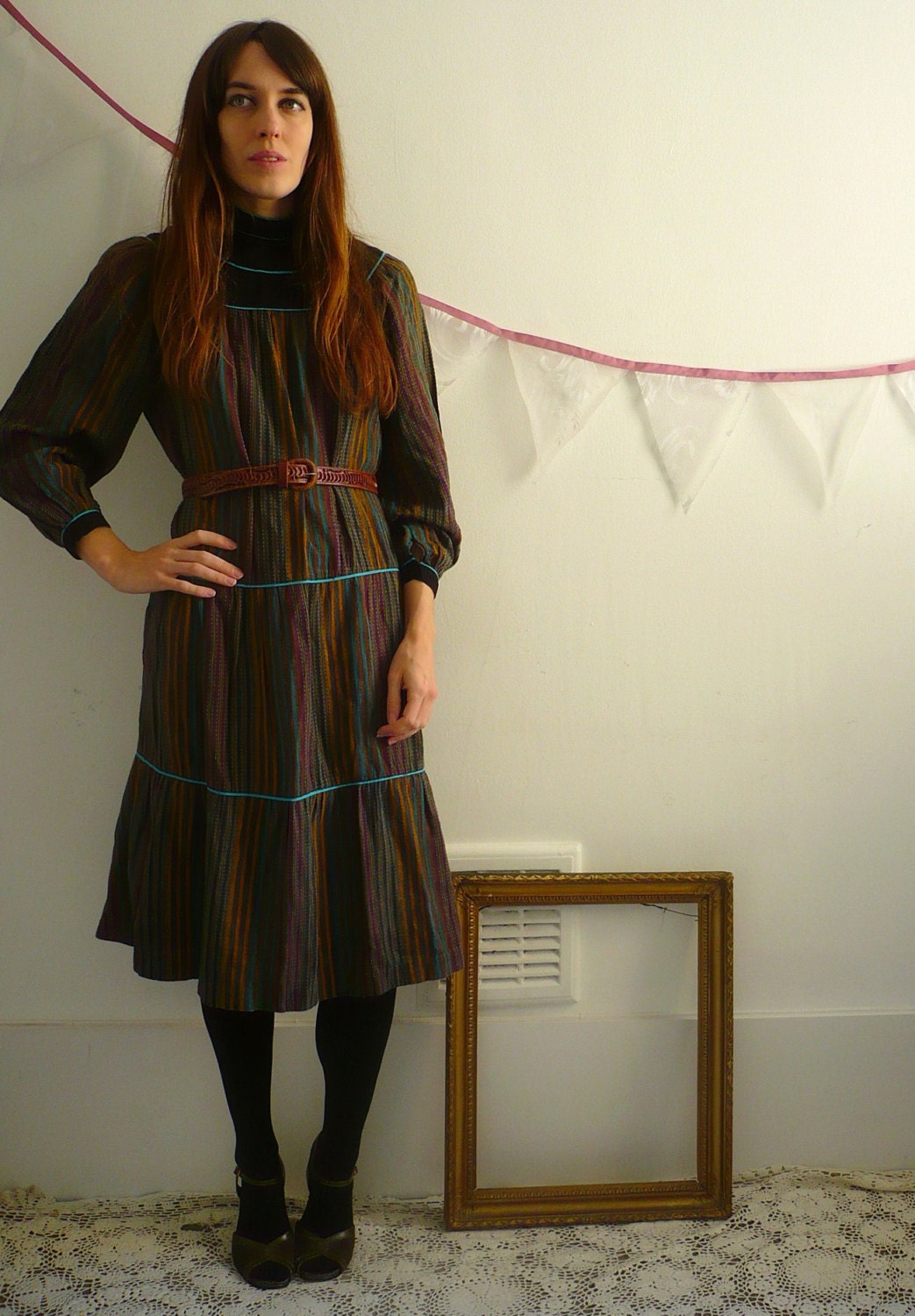 1970's Indian Adini Cotton Hippie Boho Midi Dress Size S/M