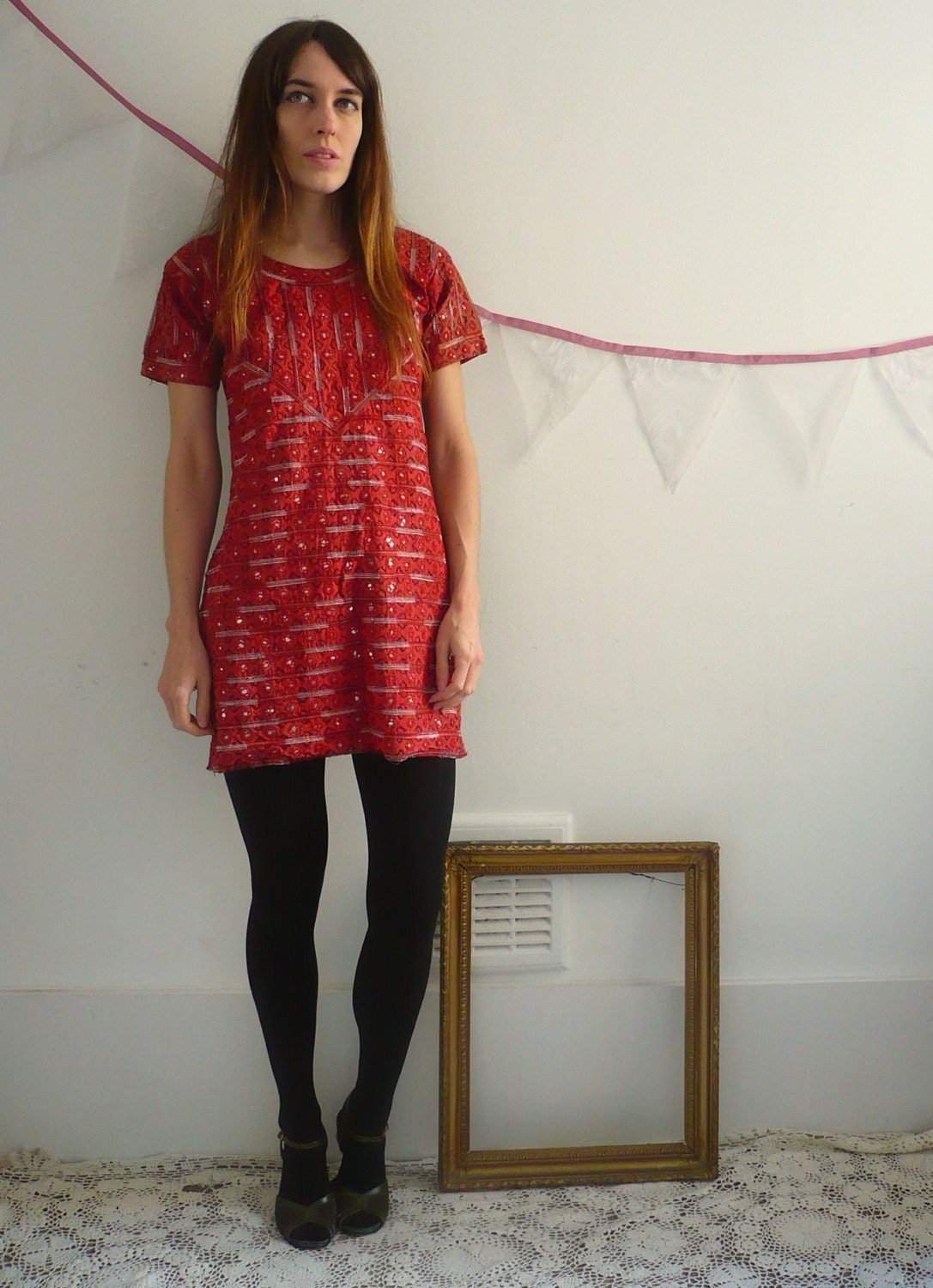 Indian Mirrored Embroidered Cotton Festival Folk Mini Dress Size XS