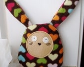 Handmade Stuffed Rabbit Plush Brown Fleece Multicolored Hearts