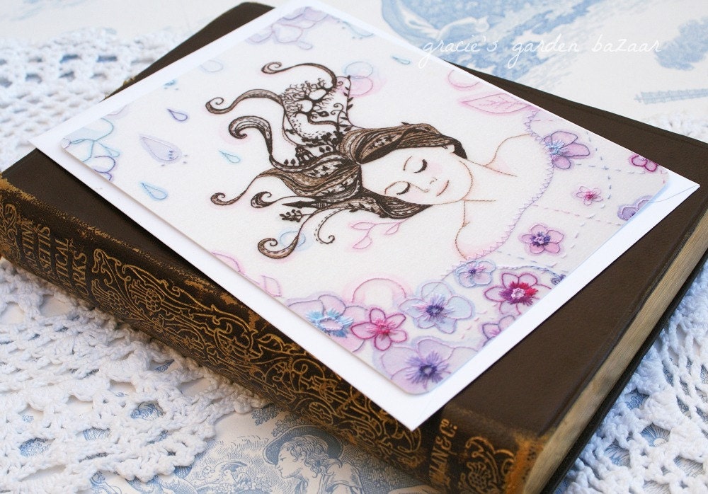 Sleeping Beauty Postcard Print,embroidered art,floral,hair,woman,blank card,envelope,fairytale,pinks,dreamlike