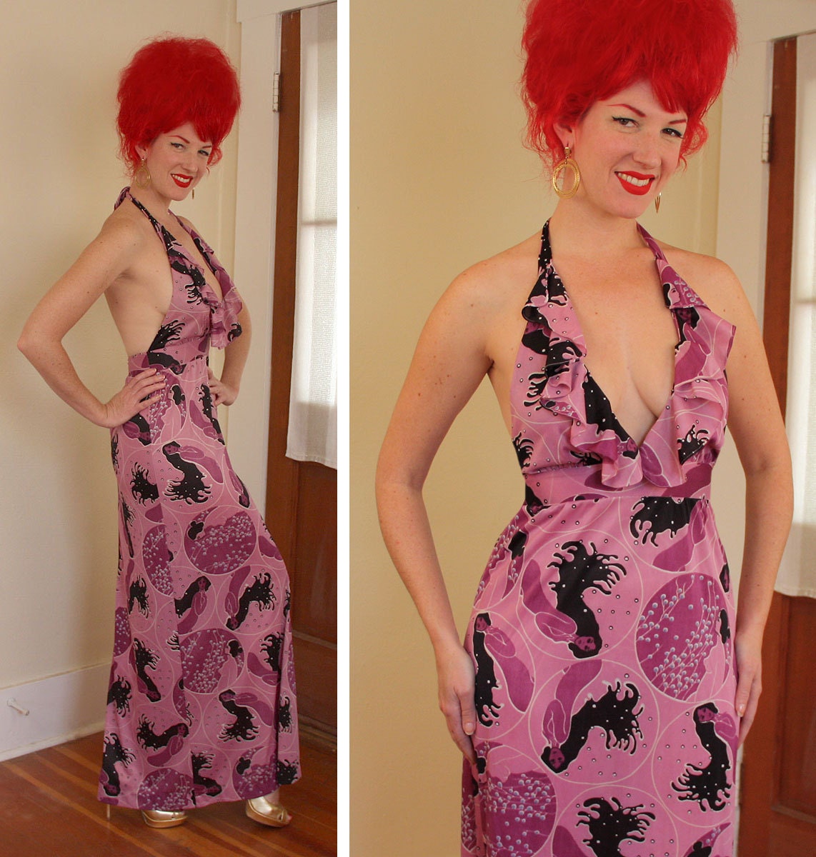RARE Risque 1970's Sexy Slinky Purple Nylon Long Low Cut Halter Hourglass Dress Gown w/ Fabulous Nude Women Novelty Print - Naked - Risque