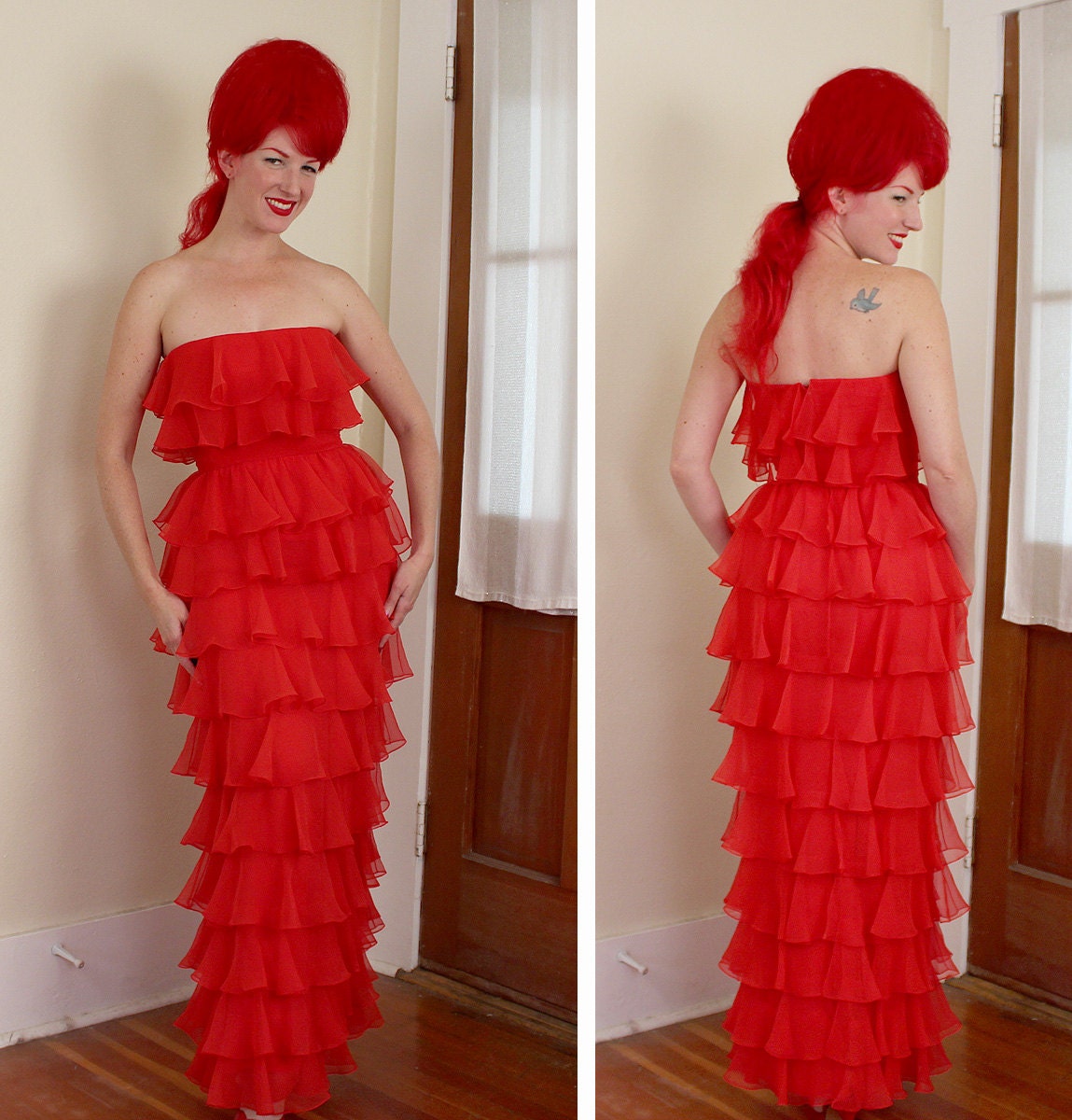 JAW DROPPING Couture 1960's Cherry Red Silk Chiffon Strapless Multi Tiered Ruffled Hourglass Long Glamor Gown - Shelf Bust - Boned - Size M