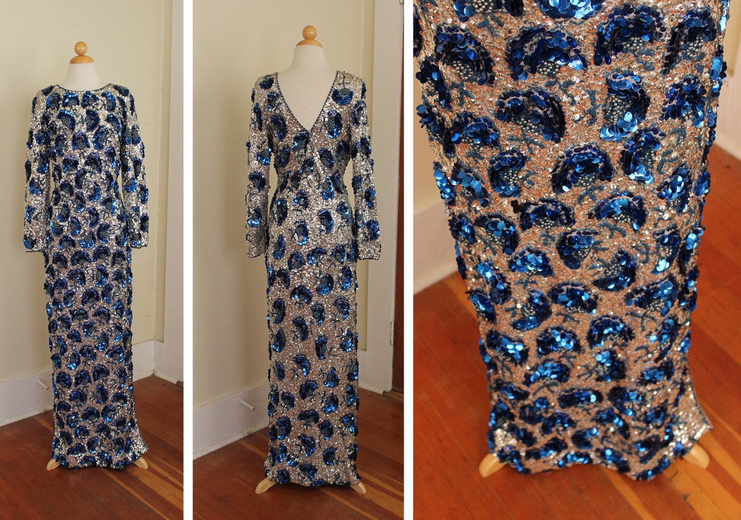 STATUESQUE Couture Early 1960's Hand Detailed Fully Silver Sequined w/ Royal Blue Crescent Moons Hourglass Stretch Knit Glamor Gown - Rare