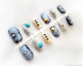 Golden marble false nail set, Japanese style gyaru nails, deco nails