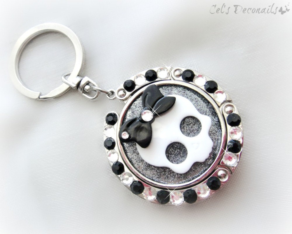 Kawaii skull keychain, deco folding purse hook, black and white bag charm, teen girl accessories