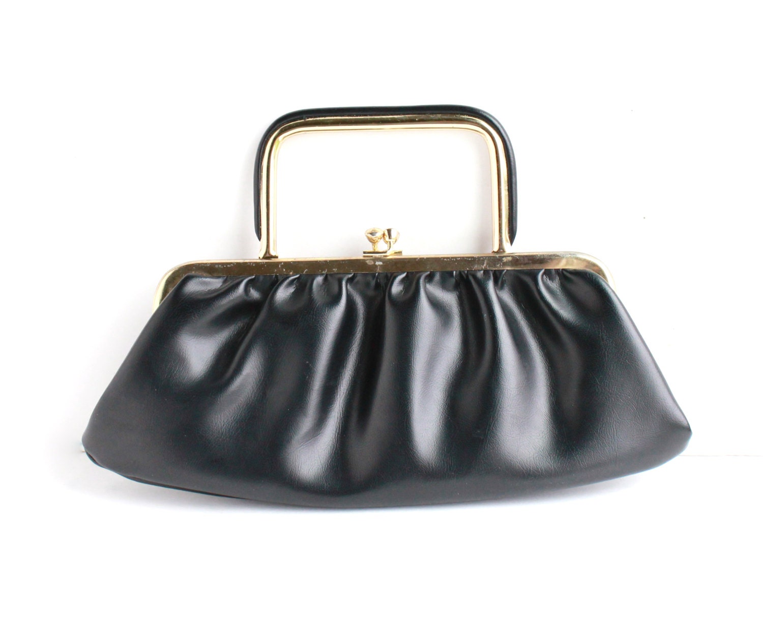 Vintage Black Purse - Retro 1960s Leather Handbag Clutch with Structured Handle / Ruched Rectangular