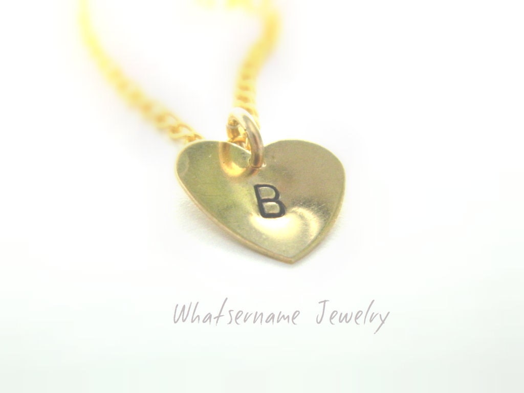 Initial Gold Heart Charm Necklace Hand Stamped Pendant
