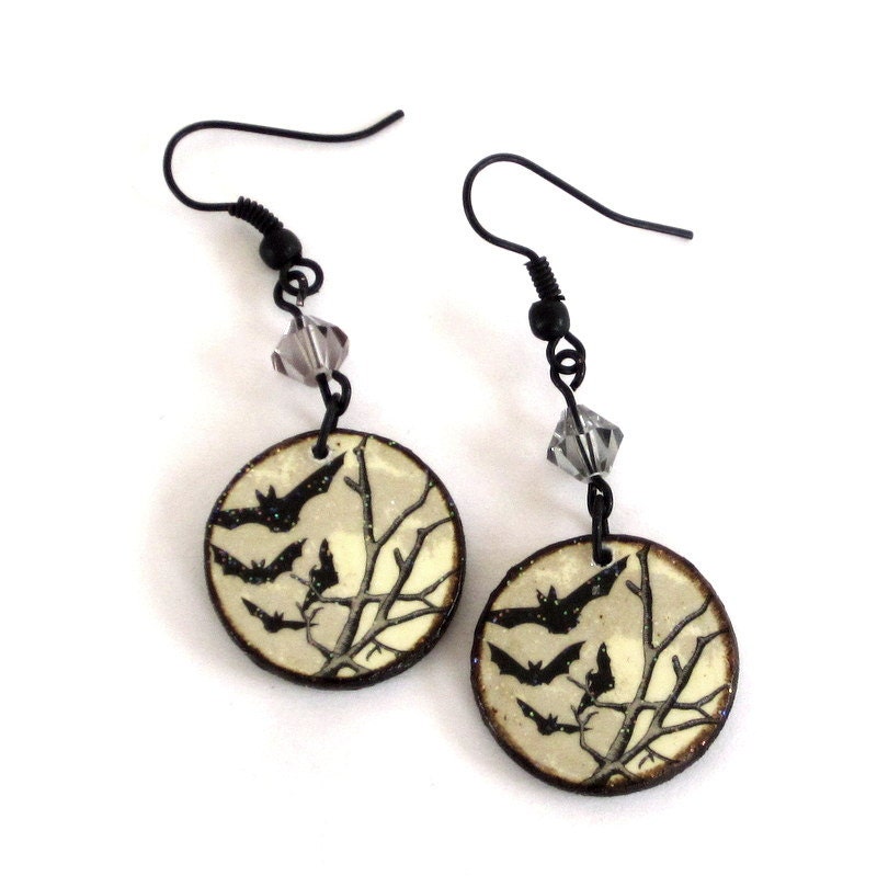 Halloween Earrings Goth Earrings Decoupaged Earrings Spooky Tree with Bats Halloween Fashion Halloween Jewelry Gray Pale Yellow Spooky Night