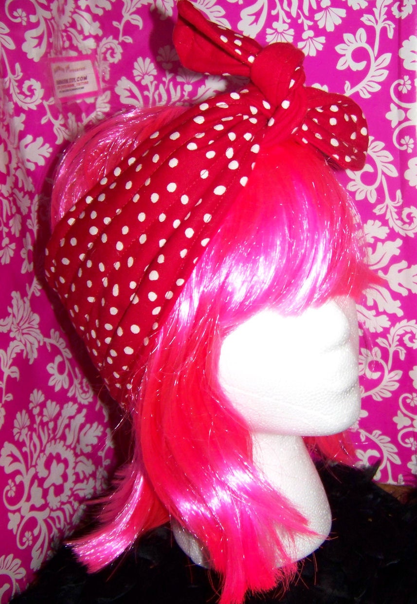 Polka Dot - Red - Headband - Tie back - Thick - 3 1/2 inches Wide - Rosie the Riveter